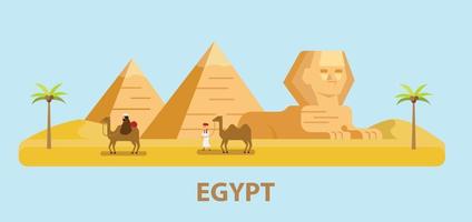Travel Egypt, pyramid, sphinx and man with camel in flat design illustration vector