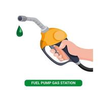 mano que sostiene la boquilla de combustible, bomba de gasolina con gota de aceite en vector de ilustración plana de dibujos animados de gasolinera aislado en fondo blanco