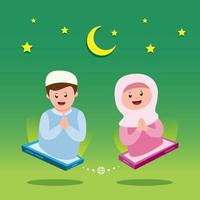 Ramadan greeting, Cute muslim kids out from smartphone in social distancing event with crescent moon and stars in background. Cartoon flat Vector illustration