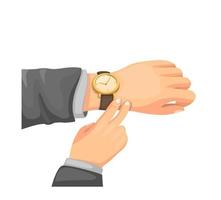 Hand Check Wristwatch. Office Man Checking to Time in Business. Concept illustration in Cartoon style isolated on White Backround vector