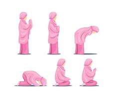 Muslim female praying position step guide instructions symbol, islam religious activity icon set in flat illustration isolated in white background Premium Vector