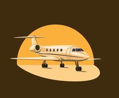 Private jet airplane on sunset concept in cartoon illustration vector