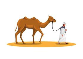 árabe, hombre, ambulante, con, camello, en, postre, arena, medio oriente, cultura, símbolo, caricatura, ilustración, vector