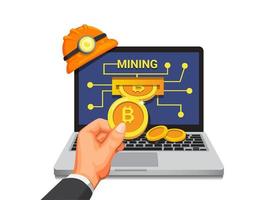 minería de bitcoin, mano tomar moneda de la computadora portátil, concepto de tecnología financiera de aplicación móvil en vector de ilustración de dibujos animados