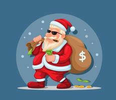 santa claus usa gafas de sol con dinero en la bolsa. vector de ilustración de personaje de santa malo