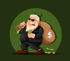Man with money bag and devil sillhouette. corruptor or criminal person character illustration vector