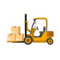 yellow forklift with package, shipment process symbol icon in flat illustration vector isolated in white background