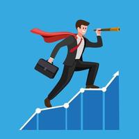 businessman with cloak using telescope on graphic chart. Concept for forecast, prediction, success, business planning in cartoon flat illustration vector