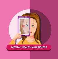 Mental health illness awareness with smartphone. social media addiction and cyberbullying symbol concept in cartoon illustration vector