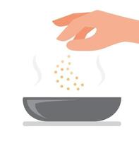 Hand sprinkle salt on bowl, chef adds seasoning to the cuisine cartoon cartoon flat illustration vector