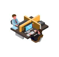 workplace busy man work in office, teamwork job desk isometric illustration in white background editable vector