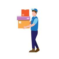 El hombre de mensajería lleva la caja del paquete, el servicio de entrega de compras en línea en un vector de ilustración plana aislado en fondo blanco