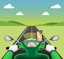 Riding motorcycle with gps map smartphone on dashboard from pov view. courier delivery service online transportation rider concept in cartoon illustration vector