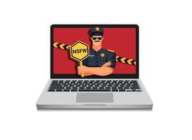 policía con cartel nsfw. Acceso al sitio web bloqueado concepto de símbolo de seguridad en vector de ilustración de dibujos animados sobre fondo blanco