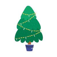 Hand drawn Christmas tree in bucket or pot, flat vector illustration isolated on white background. Cute tree decorated with garland.