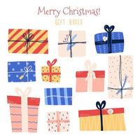 Christmas gift boxes in hand drawn cartoon style, flat vector illustration isolated on white background. Set of holiday presents with colorful ornaments and patterns. Cute New Year decoration.