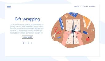 Gift wrapping process, landing or web page template - flat vector illustration. Human hands packing present box, banner or poster. Wrapping paper, scissors and thread on wooden table.