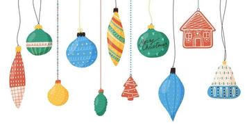 Christmas tree decoration hanging on string, flat vector illustration isolated on white background. Set of balls or toys for winter holidays banner or background design.