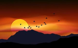 Sunset at mountain and hill. Sundown over mountain with birds vector