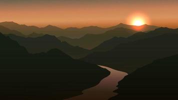 Landscape with mountain, valley and river at sunset or sunrise vector
