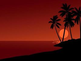 View of beach at sunset with red sky and palm trees in silhouette vector