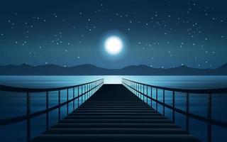 Night at lake with dock and moonlight vector