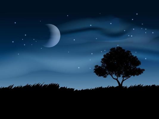 Beautiful landscape of night with tree, moon, and clouds