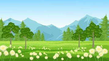 Landscape in countryside with mountain, trees, meadow, and flowers vector