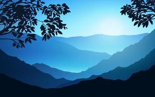 Misty morning in mountain range with tree branches in silhouette vector