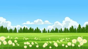 Hermoso día soleado paisaje de pradera con flores, árboles y nubes vector