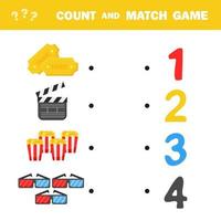 Count and match game. Count the amount of cinema items and match with numbers vector