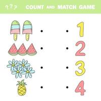 Count and match game. Count the amount of summer items and match with numbers vector