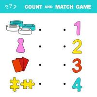 Count and match game. Count the amount of items of board games and match vector