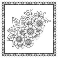 flor mehndi para henna, mehndi, tatuaje, decoración. adorno decorativo en estilo étnico oriental, adorno de doodle, dibujo a mano de contorno. página de libro para colorear. vector