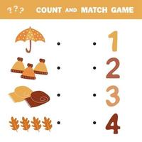 Count and match game. Count the amount autumn items and match with numbers vector