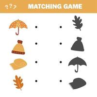 Matching game. Find the correct shadow of autumn items. Game for children vector