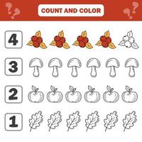 Count and color game for preschool children - autumn items. Worksheet vector