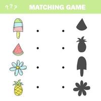 Matching game. Find the correct shadow of summer items. Game for children vector