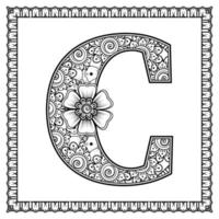 letra c hecha de flores en estilo mehndi. página de libro para colorear. Ilustración de vector de dibujo a mano de contorno.
