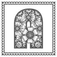 Letter A made of flowers in mehndi style. coloring book page. outline hand-draw vector illustration.