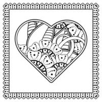 Mehndi flower with frame in shape of heart. decoration in ethnic oriental, doodle ornament. vector