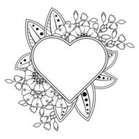 Mehndi flower with frame in shape of heart. decoration in ethnic oriental, doodle ornament. vector