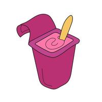 icono de dibujos animados simple. envases de plástico rosa con yogur. sabor a baya vector