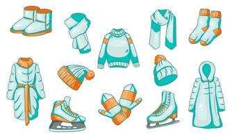 A set of winter things. Collection of warm clothes. Cartoon style.