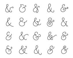 conjunto de elegantes símbolos ampersand. y colección de letreros. contorno icono de ampersand dibujado a mano para invitaciones y cartas. trazo editable. vector