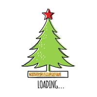 Line Christmas tree with red star on top and golden loading bar vector