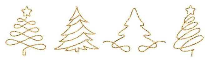 árboles de navidad estilo de dibujo de una línea con efecto de brillo dorado. vector
