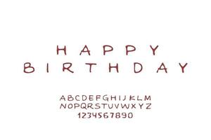 Monochrome hand drawn thin font letters and numbers. Vector isolated illustrations on white background. Happy Birthday phrase as example