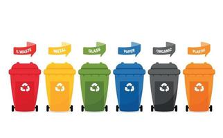 trash cans. types of trash cans, front view set of plastic bins vector