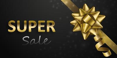 Golden bow on luxury black background. Super sale banner vector